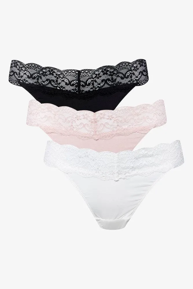 3 Pack Lace Thongs Black, Pink & White