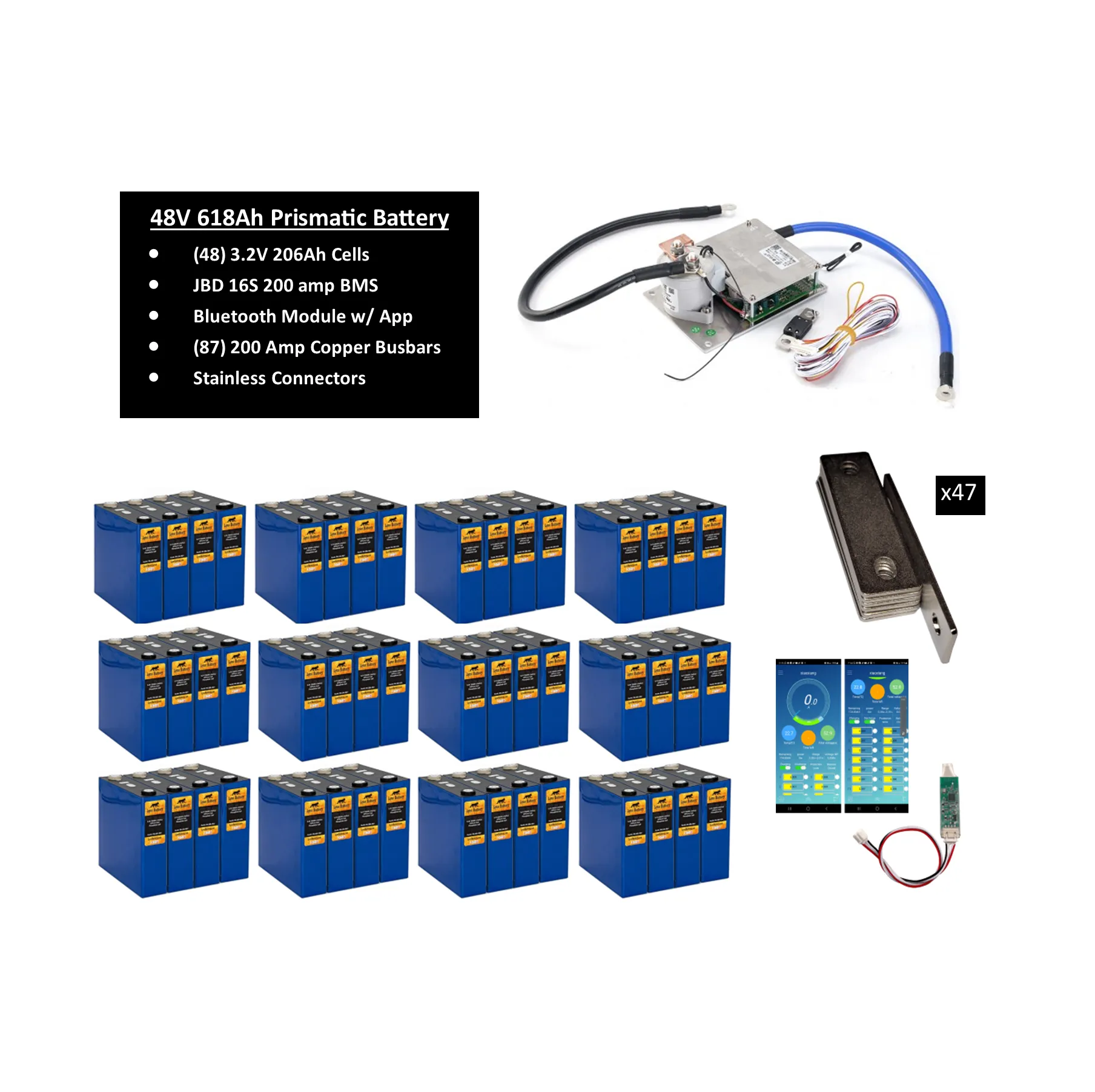 48V Lithium Iron Phosphate (LiFePO4) Battery Sets with 200A BMS