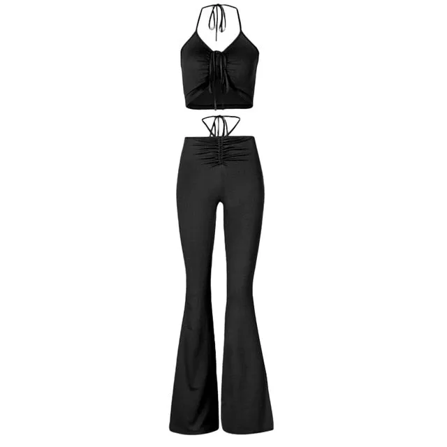 ALLNeon Y2K Streetwear Sexy Bandage Blue Co-ord Suits Fashion Drawstring Halter Top and High Waist Flare Pants 2 Piece Set