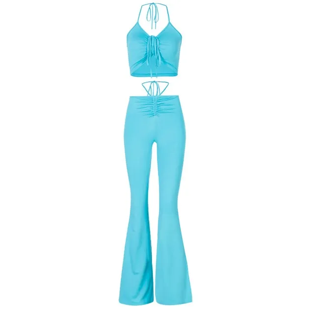 ALLNeon Y2K Streetwear Sexy Bandage Blue Co-ord Suits Fashion Drawstring Halter Top and High Waist Flare Pants 2 Piece Set