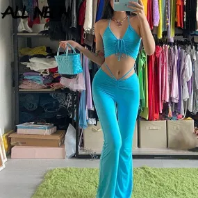 ALLNeon Y2K Streetwear Sexy Bandage Blue Co-ord Suits Fashion Drawstring Halter Top and High Waist Flare Pants 2 Piece Set