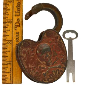 Antique STORY PADLOCK Figural SKULL & CROSSBONES w/ Key POISON/PIRATE LOCK Rare!