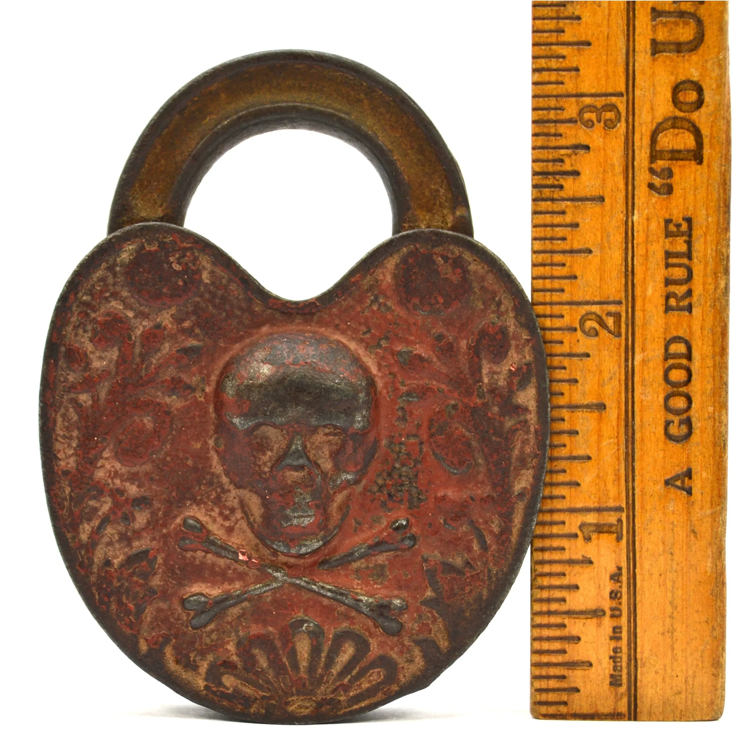 Antique STORY PADLOCK Figural SKULL & CROSSBONES w/ Key POISON/PIRATE LOCK Rare!