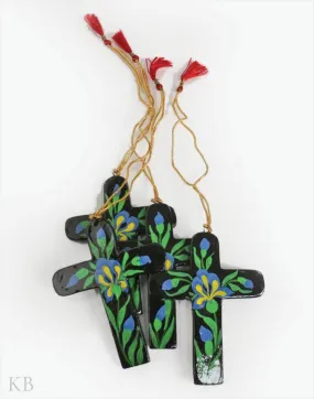 Black Flower Sprout Paper Mache Latin Cross Set of 4