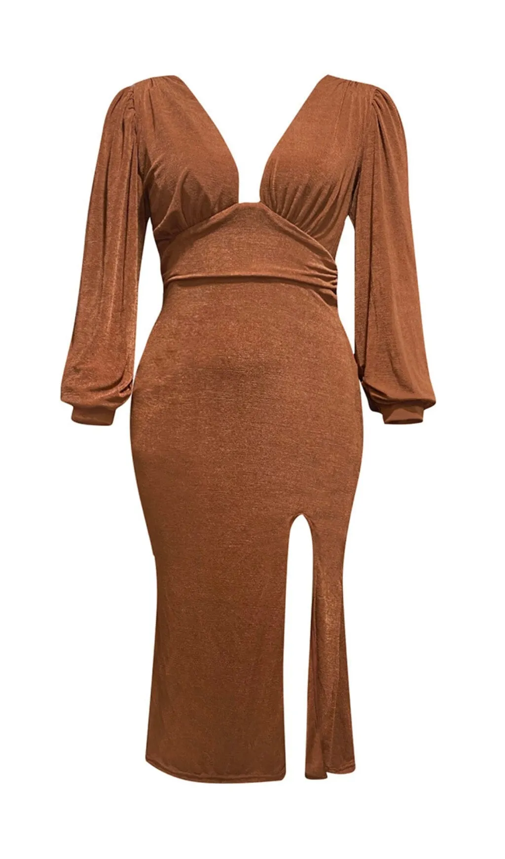 BROWN PLUS SIZE V NECK SLIT BODYCON DRESS