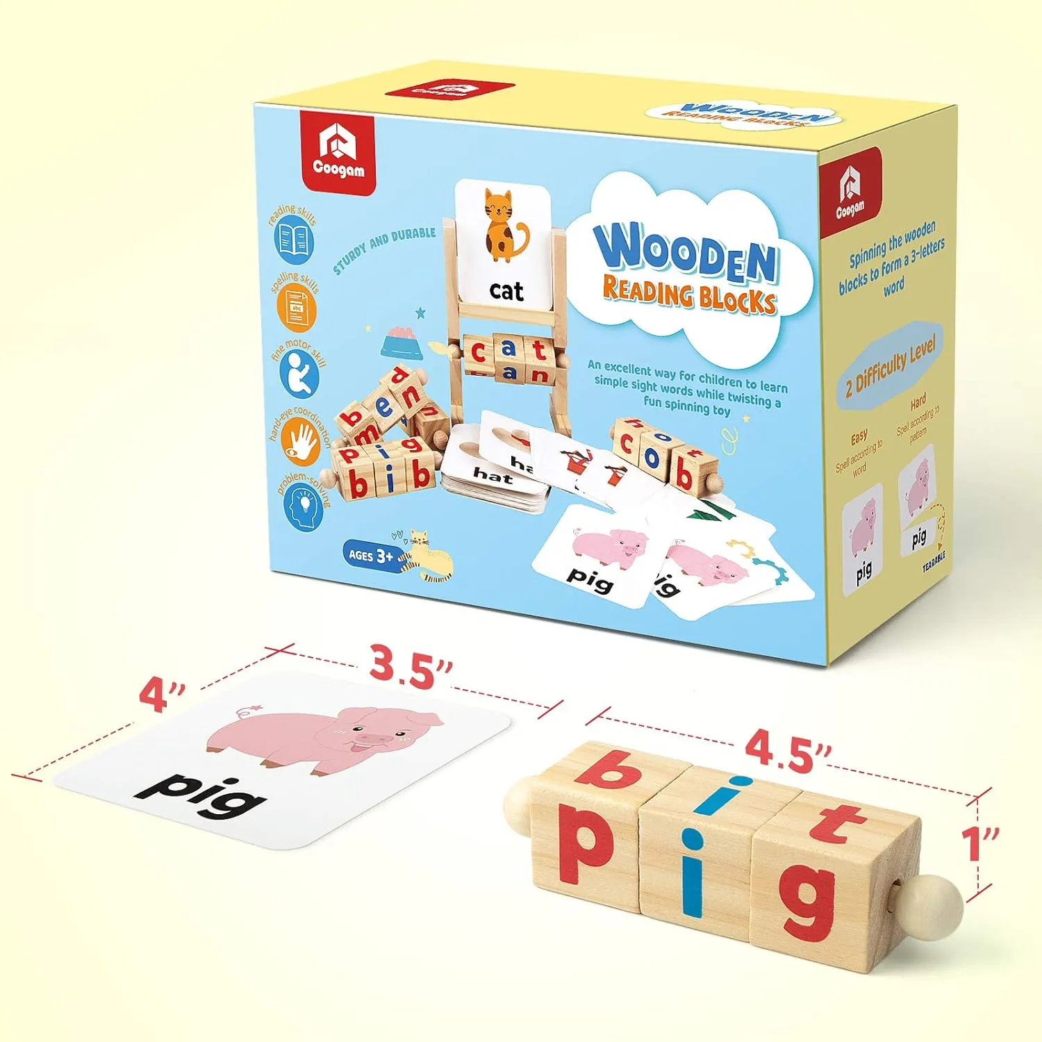 Coogam Wooden Reading Blocks Short Vowel Rods Spelling Games, Flash Cards Turning Rotating Letter Puzzle for Kids, Site Words Montessori Spinning Alphabet Learning Toy for Preschool Boys Girls