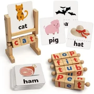 Coogam Wooden Reading Blocks Short Vowel Rods Spelling Games, Flash Cards Turning Rotating Letter Puzzle for Kids, Site Words Montessori Spinning Alphabet Learning Toy for Preschool Boys Girls