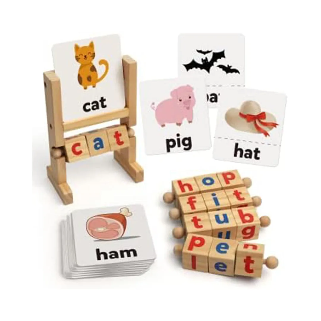 Coogam Wooden Reading Blocks Short Vowel Rods Spelling Games, Flash Cards Turning Rotating Letter Puzzle for Kids, Site Words Montessori Spinning Alphabet Learning Toy for Preschool Boys Girls