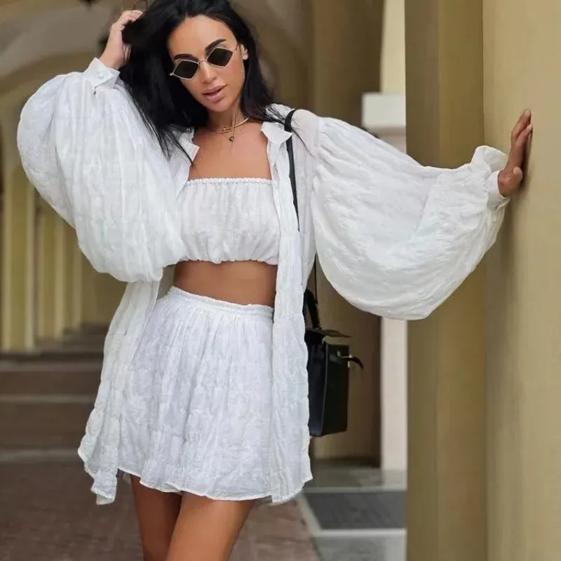 LVSANW 2024 Summer Casual Loose Green 3 Piece Sets Women Outfit Fashion Long Sleeve Top   Tube Top Matching High Waist Shorts Set New