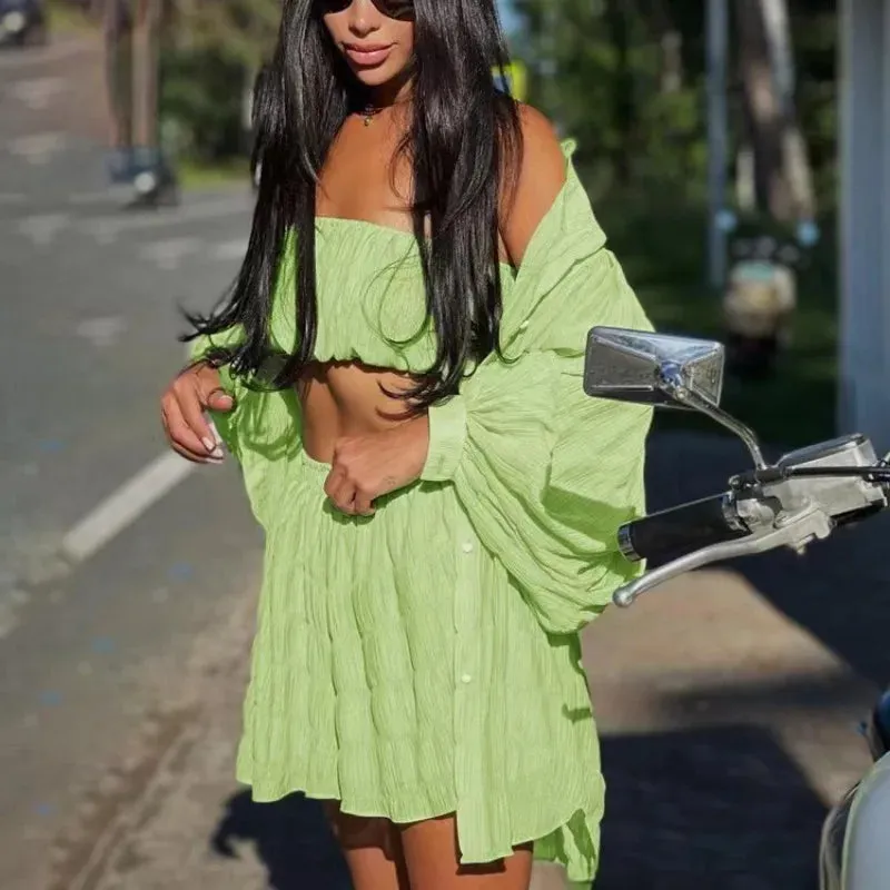 LVSANW 2024 Summer Casual Loose Green 3 Piece Sets Women Outfit Fashion Long Sleeve Top   Tube Top Matching High Waist Shorts Set New