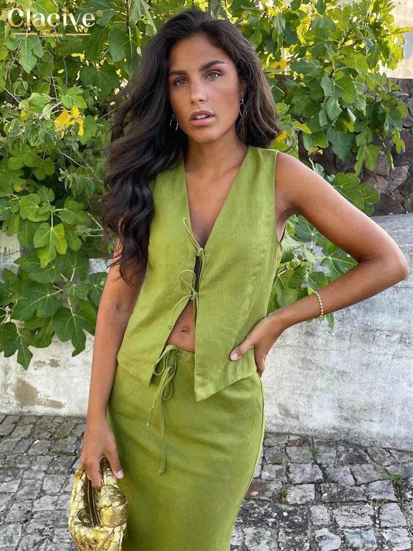 LVSANW Clacive Sexy Slim Green Cotton 2 Piece Sets Women Outfit 2024 Summer Sleeveless Tank Top With Mid Waist Long Skirts Set Female