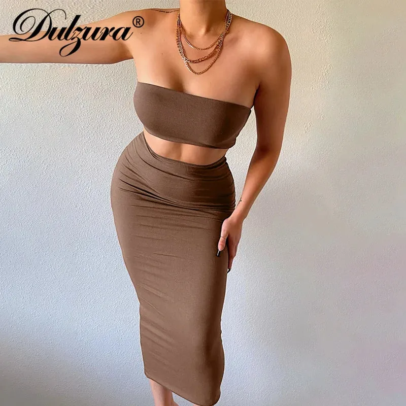 LVSANW Dulzura Solid Women 2 Piece Set Tube Crop Top Midi Skirt Bodycon Sexy Streetwear Party Club Elegant Matching Co Ords 2024 Summer