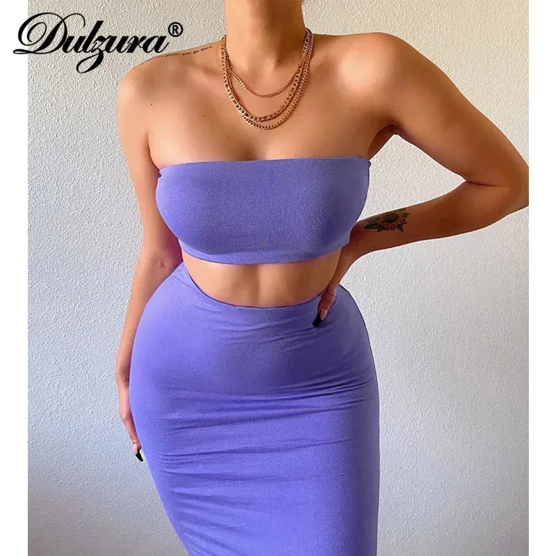 LVSANW Dulzura Solid Women 2 Piece Set Tube Crop Top Midi Skirt Bodycon Sexy Streetwear Party Club Elegant Matching Co Ords 2024 Summer