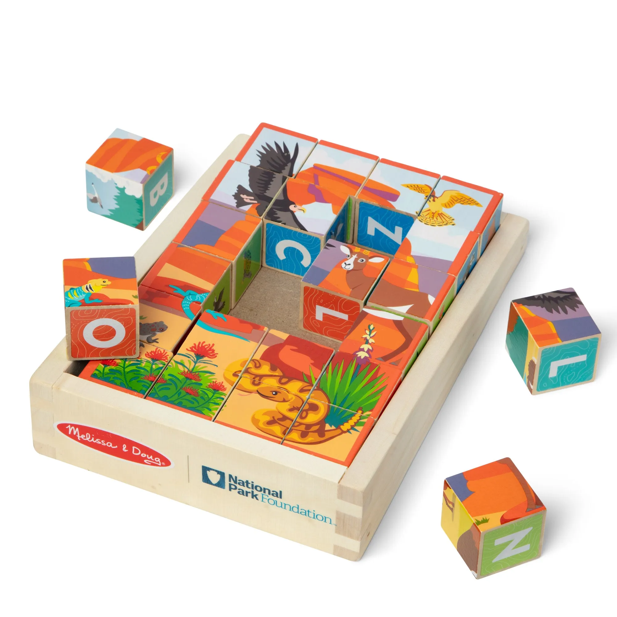 National Parks Alphabet & Animals Cube Puzzle – 24 Wooden Block Pieces