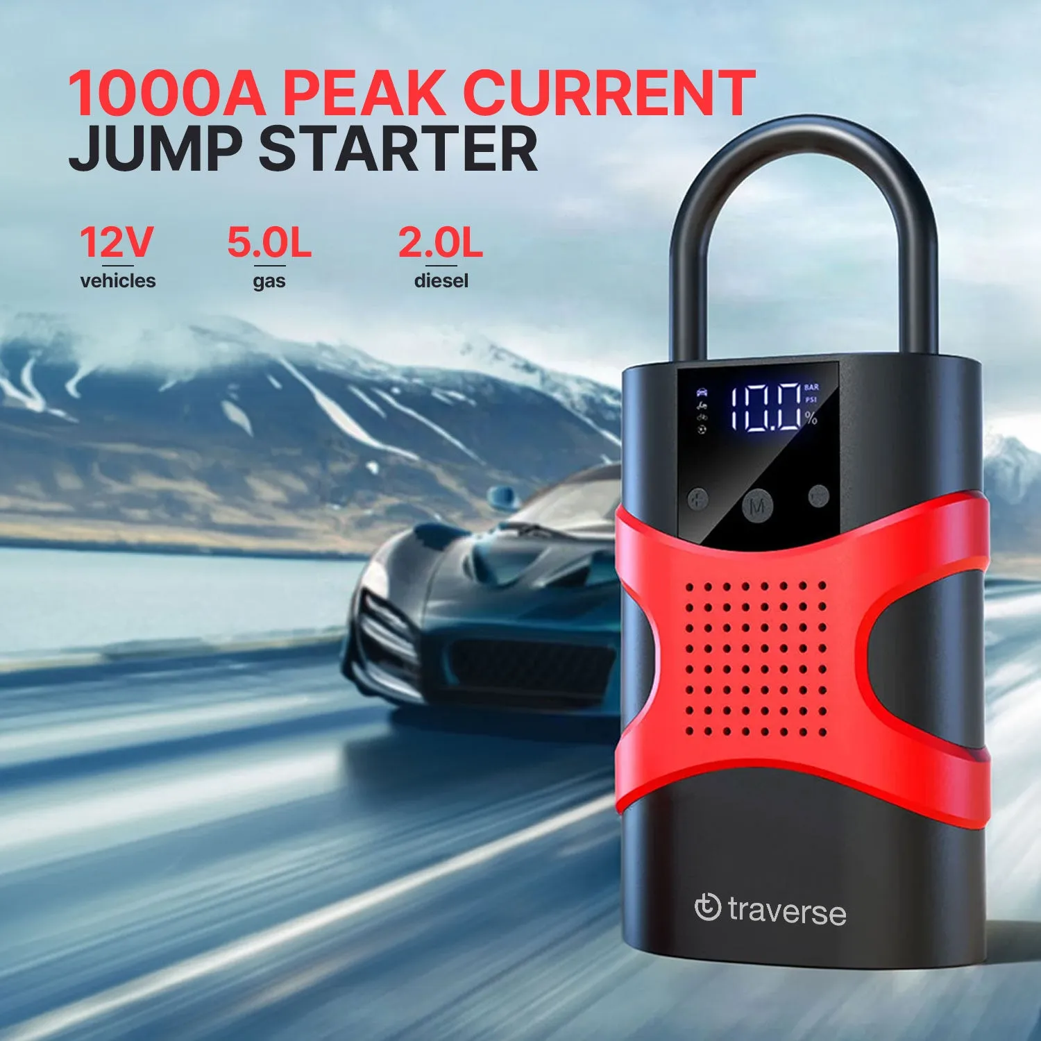 Traverse 2-in-1 Smart Tire Pump and Jump Starter, 1000A 12V Battery Booster with 150 PSI Air Inflator and LED Display