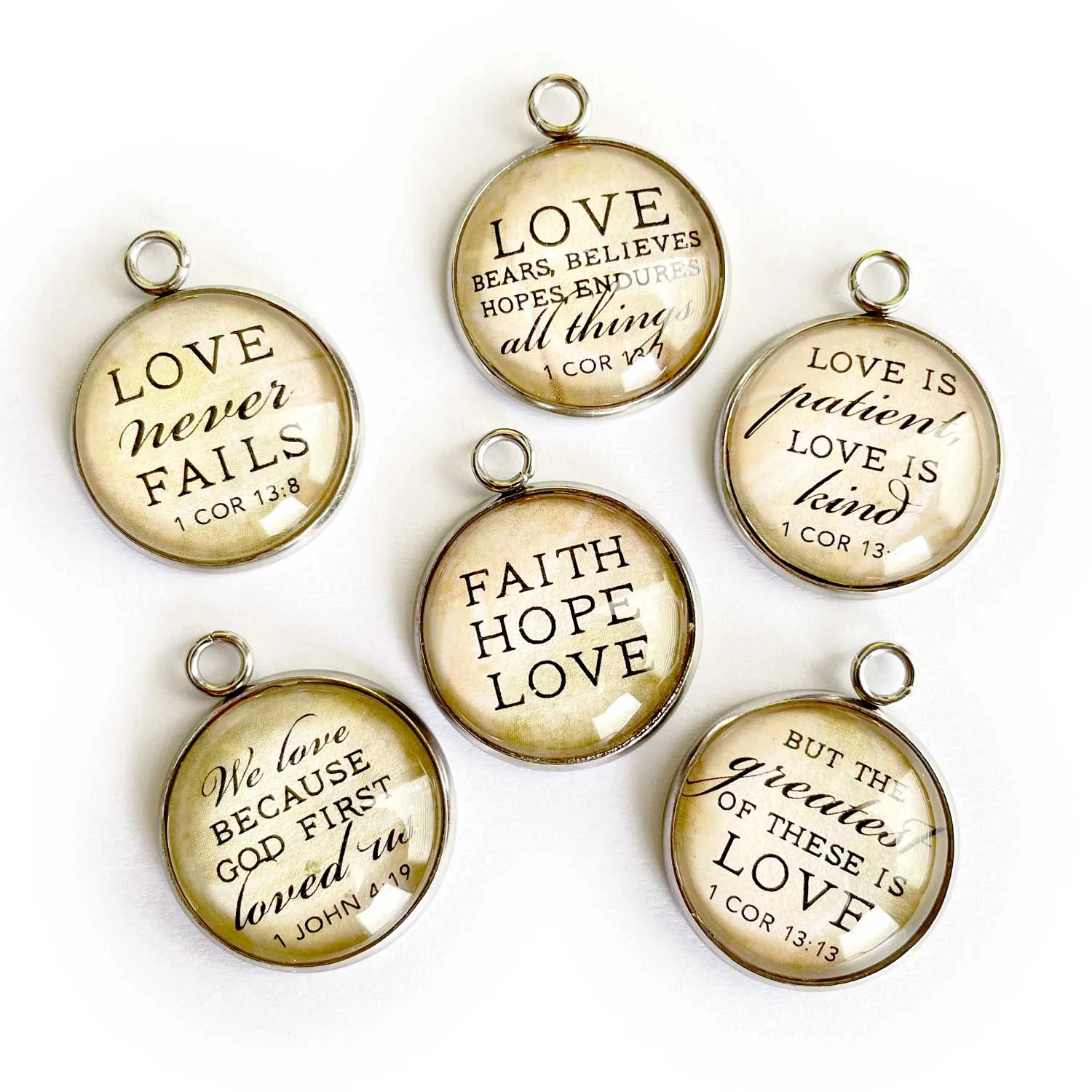 Wedding "Faith Hope Love" 1 Corinthians Scripture Charm Set for Jewelry Making, 20mm, Silver, Gold