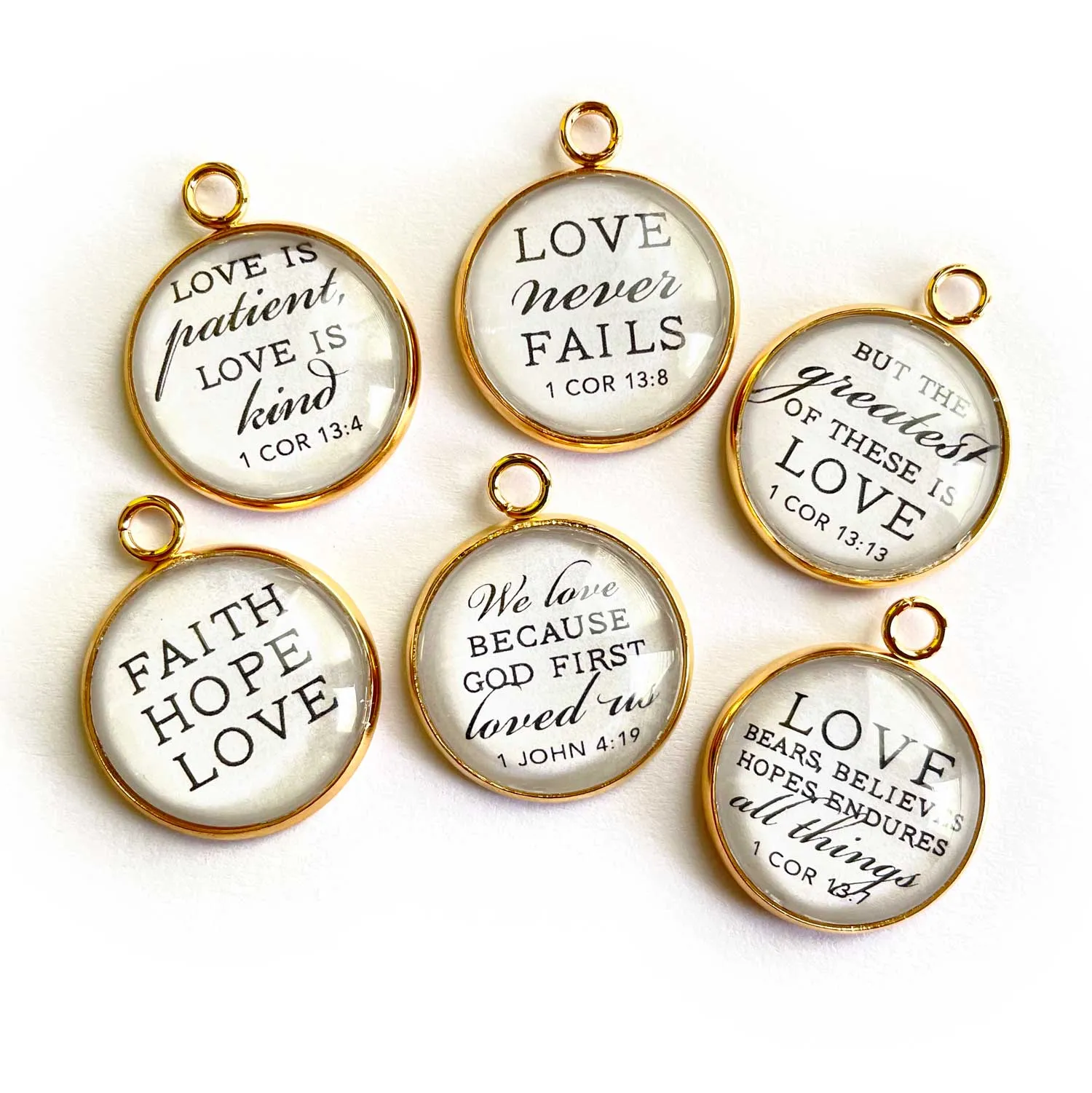 Wedding "Faith Hope Love" 1 Corinthians Scripture Charm Set for Jewelry Making, 20mm, Silver, Gold