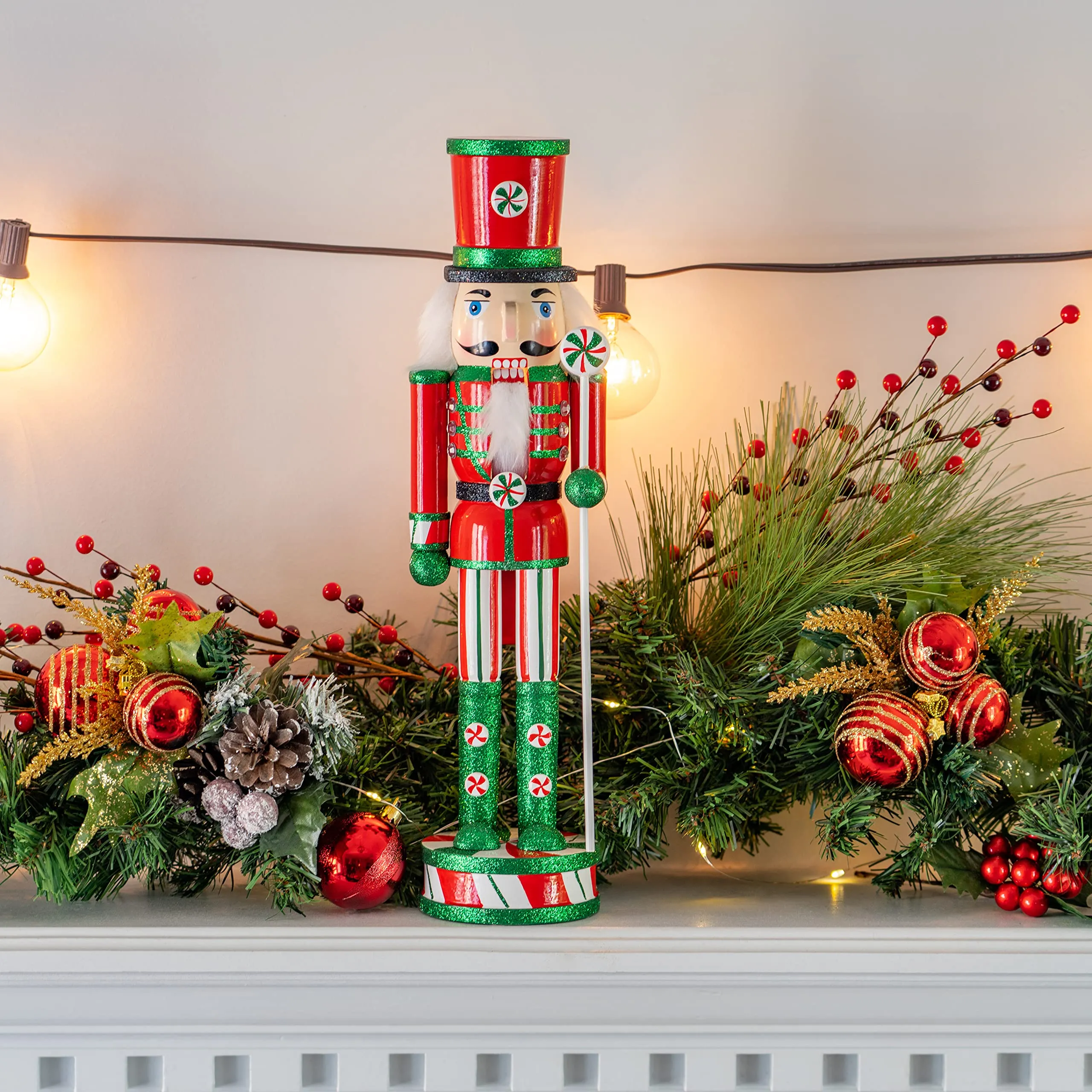 Wooden Peppermint Christmas Nutcracker - Red, White and Green Glitter Candy Themed Holiday Nut Cracker Doll Figure Toy Soldier Decorations